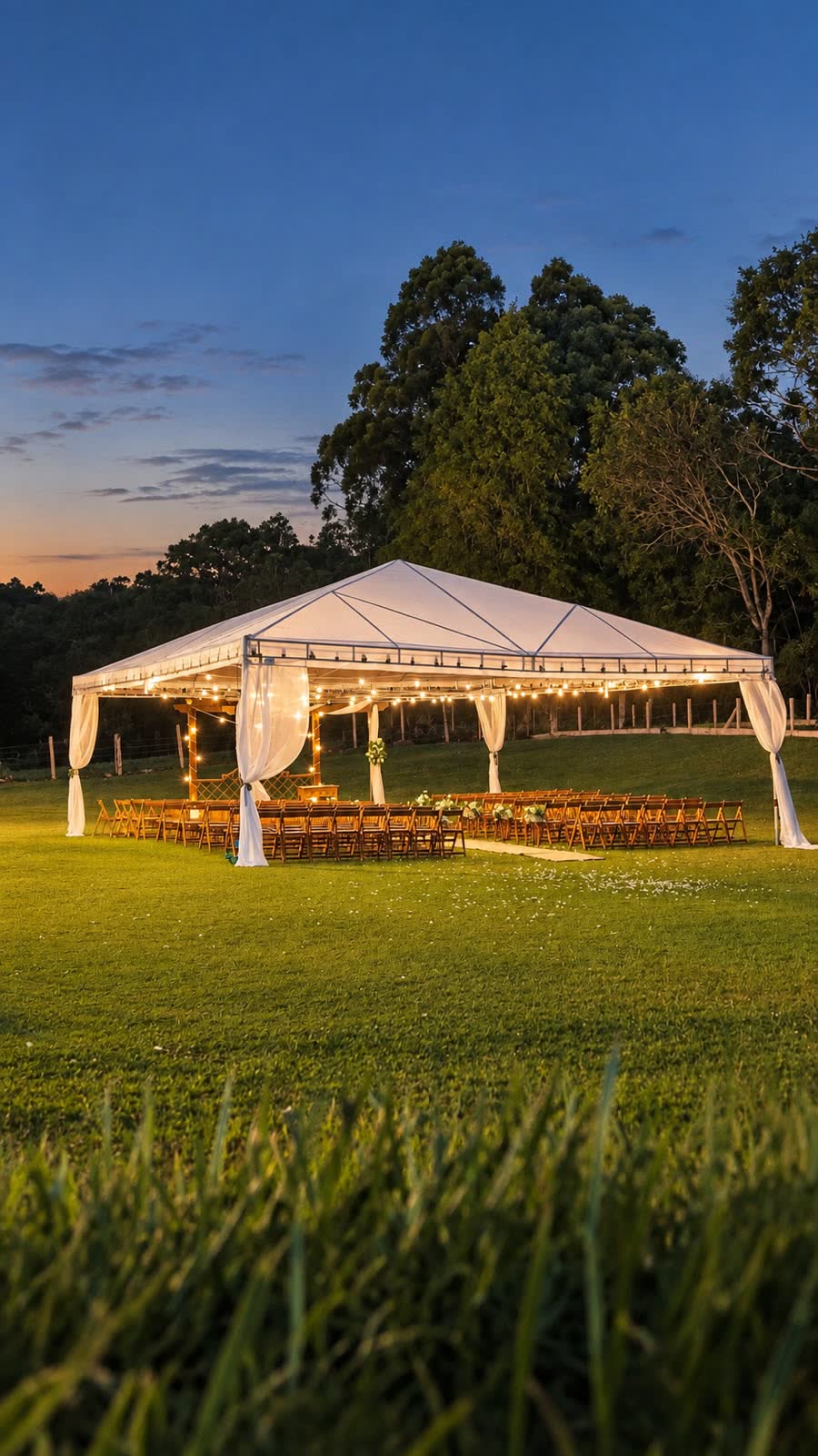Tenda iluminada com cadeiras para cerimônia de casamento no gramado ao entardecer